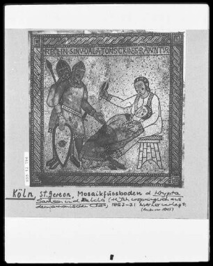 Stiftmosaikboden in Sankt Gereon — Szenen aus dem Leben des Samson — Delila schneidet dem schlafenden Simson die Haare