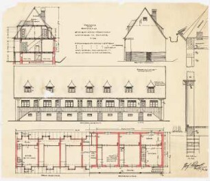 Arbeiterwohnhaus mit 6 Wohnungen, Schwaig: Grundriss Erdgeschoss und Obergeschoss 1:100; Aufriss 1:100: Vorderansicht, Seitenansicht; Querschnitt 1:100; Vertikalschnitt 1:10: Fassade und Traufe