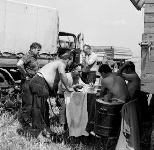 Erntepause : Mittagspause der Erntelastwagenfahrer auf dem Feld im Schatten ihrer Lastwagen
