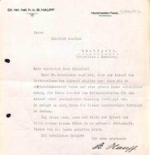 Dankesschreiben Hauff an Rauther für die Bemühungen zum Kauf des "Hautsauriers" (Stenopterygius crassicostatus)