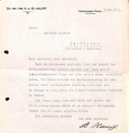 Dankesschreiben Hauff an Rauther für die Bemühungen zum Kauf des "Hautsauriers" (Stenopterygius crassicostatus)