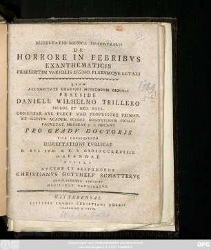 Dissertatio Medica Inavgvralis De Horrore In Febribvs Exanthematicis Praesertim Variolis Signo Plervmque Letali