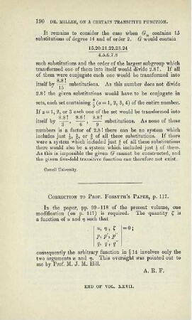 Correction to Prof. Forsyth's paper p. 117.