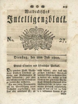 No. 27, Dienstag, den 8ten Juli 1800