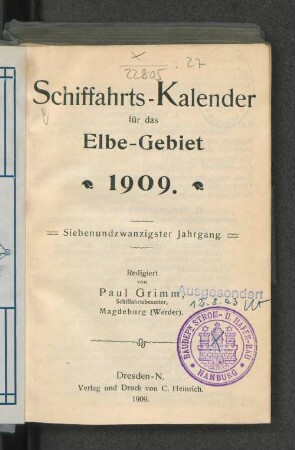 Schiffahrts-Kalender für das Elbe-Gebiet 1909.