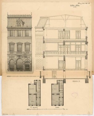 Eingebautes Wohnhaus Monatskonkurrenz März 1882: Grundriss Erdgeschoss, 1. Obergeschoss, Aufriss Straßenansicht, Längsschnitt; 2 Maßstabsleisten