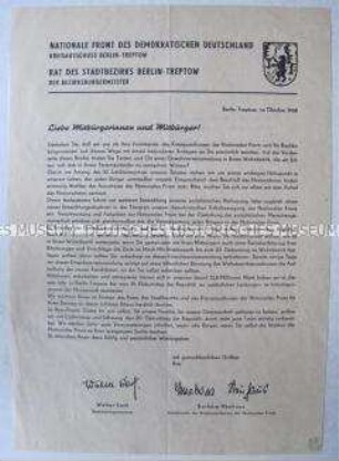 Rundschreiben der Nationalen Front Berlin-Treptow zur Vorbereitung des 20. Jahrestages der DDR