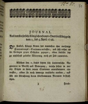 Journal Aus dem Kaiserlich-Königlichen Haupt-Quartier Königgrätz vom 1. bis 5. April 1758