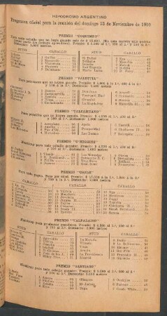 Hipódromo Argentino - Programa oficial para la reunión del domingo 13 de Noviembre de 1910