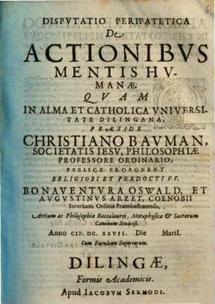 Disputatio peripatetica de actionibus mentis humanae
