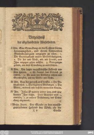 Verzeichniß der abgehandelten Wahrheiten.
