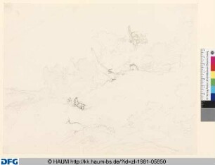 Zwei verwitterte Eichen auf einem Hügel (im Mittelgrund Mann mit Schubkarre und Frau mit Korb)