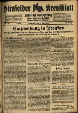 Erste Ausgabe vom Donnerstag, den 13. April 1933.