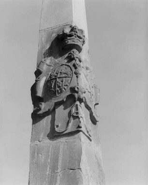 Postdistanzsäule. Sandstein. 1723. Detail: Wappenkartusche. Freiberg, Meißner Gasse