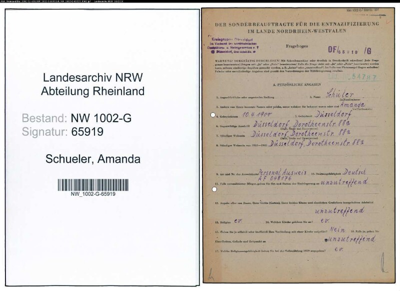 Entnazifizierung Amanda Schueler, geb. 10.04.1900 (Kauffrau)
