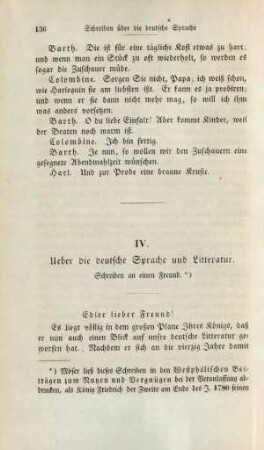 IV. Ueber die deutsche Sprache und Litteratur.. Schreiben an einen Freund