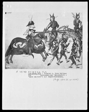 Turnier des Marx Walther von Augsburg — Zwei Turnierreiter mit Begleitpersonen