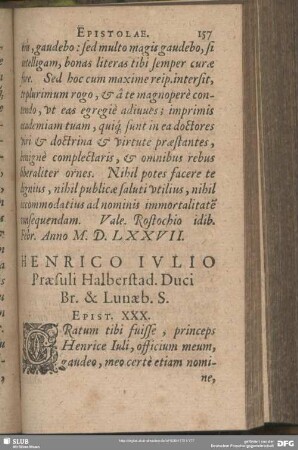 Henrico Iulio Praesuli Halberstad. Duci Br. & Lunaeb. S. Epist. XXX.