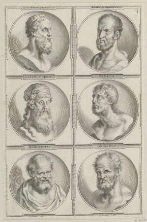 Gruppenbildnis des Plato, Theophrast, Aristoteles, Seneca, Demokrit und Diogenes
