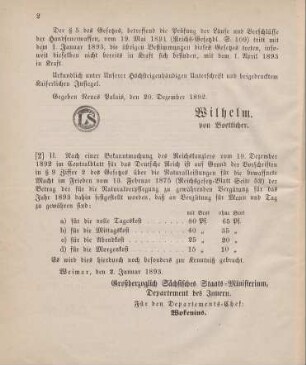 2. Ministerial-Bekanntmachung, die Vergütungssätze für die Naturalverpflegung der bewaffneten Macht im Frieden im Jahre 1893 betreffend