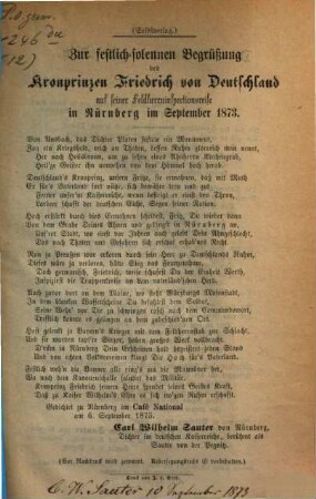 Zur festlich-solennen Begrüßung des Kronprinzen Friedrich von Deutschland auf seiner Feldherrninspectionsreise in Nürnberg im September 1873