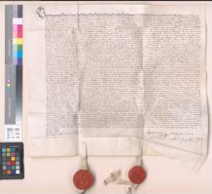 Vertrag zwischen Herzog Wilhelm von Kleve, Jülich etc. und Graf Adolf von Neuenahr und Meurs, nebst dessen Gemahlin Walburg, Schwester des verstorbenen Grafen Hermann von Neuenahr und Erbin von Meurs, wodurch im Fall des kinderlosen Todes Meurs, Krefeld und Friemersheim als Klevisches Lehen an den Herzog zurückfallen soll. d. am 27. Mai.
