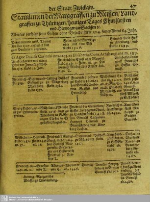Stamlinien der Marggraffen zu Meissen, Landgraffen zu Thüringen, heutiges Tages Churfürsten und Hertzogen zu Sachsen [et]c.