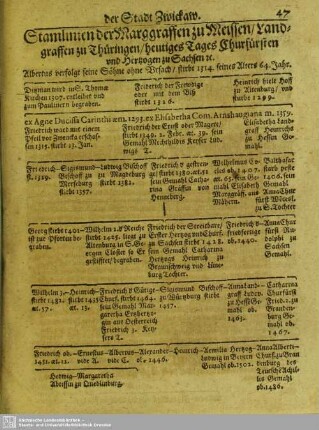 Stamlinien der Marggraffen zu Meissen, Landgraffen zu Thüringen, heutiges Tages Churfürsten und Hertzogen zu Sachsen [et]c.