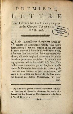 Première lettre d'un citoyen de la Haye à prétendu Citoyen d'Amsterdam ...