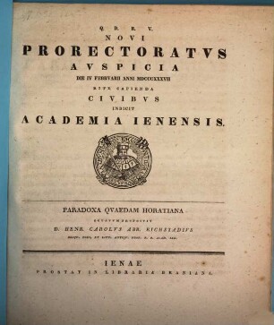 Novi prorectoratus auspicia ... rite capienda civibus indicit Academia Ienensis, 1837