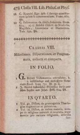 Classis VIII. Miscellanea, Disputationes, et Programmata, collecta et compacta.