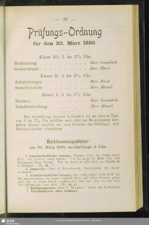 Entlassungsfeier am 30. März 1898, nachmittags 6 Uhr
