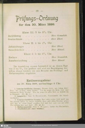 Entlassungsfeier am 30. März 1898, nachmittags 6 Uhr