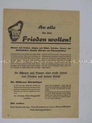 Propagandaflugblatt des "Komitees der Kämpfer für den Frieden in Westdeutschland" mit einem Aufruf zur Unterschriftensammlung für den Frieden