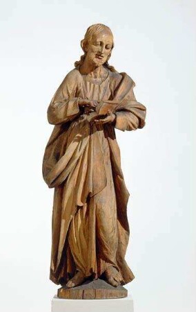 Stehender Heiliger oder Christus mit Kinnbart, auf das Buch in seiner Linken weisend