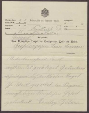Telegramm von Emilie Göler von Ravensburg an Großherzogin Luise; Dank für die mitgeteilten Gedanken