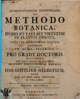 Diss. inaug. de methodo botanica, dubio et fallaci virtutum in plantis indice