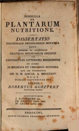 Nonnulla de plantarum nutritione : dissertatio inauguralis physiologico-botanica