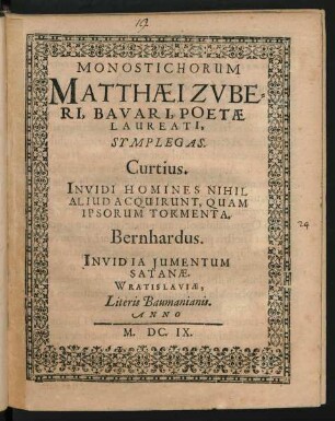 Monostichorum Matthaei Zuberi Bavari, Poetae Laureati, Symplegas