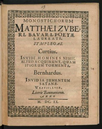 Monostichorum Matthaei Zuberi Bavari, Poetae Laureati, Symplegas