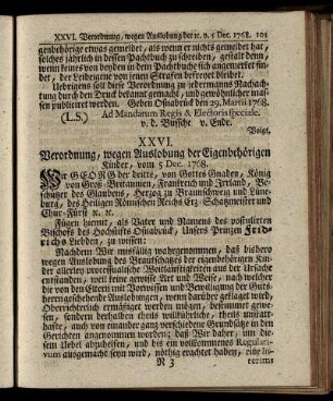 XXVI. Verordnung, wegen Auslobung der Eigenbehörigen Kinder, vom 5 Dec. 1768