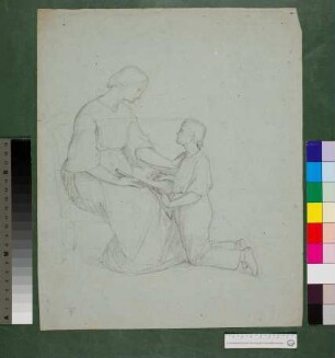 Studie zu sitzender Frau mit Buch und kniendem Knaben