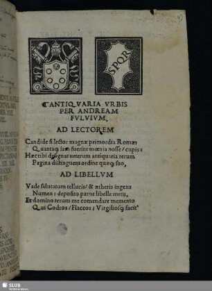 Nr. 4: Antiquaria urbis per Andream Fulvium. Impr. Romae per magistrum Jacobum Mazochium ... MDXIII. [Mit handschriftl. Bemerkungen des Joh. Heß]