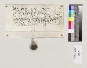 Eustachius von Schmichen zu Ettling (Otling) und Wackerstein bekundet, dass er heute als [Lehens]Träger seiner Ehefrau Barbara, geborene von Huetting, Tochter des verstorbenen Anshelm von Hueting, von Abt Erasmus von St. Emmeram den Sitz in Aicholding (Aickoltingen) bei Riedenburg als Lehen empfangen hat, wie ihn ihr verstorbener Vater zuvor innegehabt hat, wofür er dem Abt Lehenspflicht geleistet hat. S=A