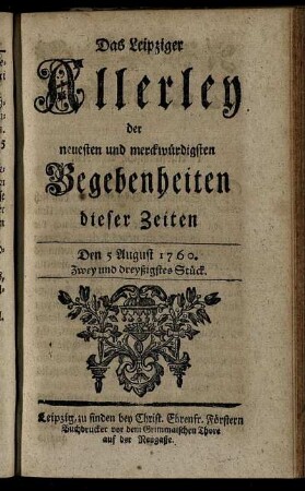 Den 5 August 1760. Zwey und dreyßigstes Stück.