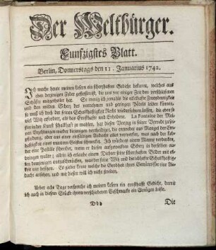 Funfzigstes Blatt. Berlin, Donnerstags den 11. Januarius 1741.
