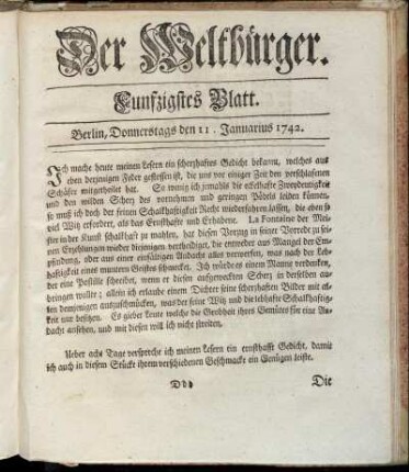 Funfzigstes Blatt. Berlin, Donnerstags den 11. Januarius 1741.