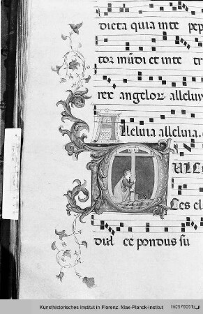 Buchseite mit Text, Neumen, Fleuronné-Initiale A(lleluia) sowie der historisierten Initiale D(ulce), darin die Anbetung des Kreuzes durch die heilige Helena - Corale