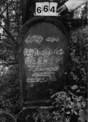 Grabstein 664 (Index: 99802990) Material: Sandstein Zustand: zerstört, Textverlust Maße HxBxT: 102x46x19 cm Beschreibung: Sockel, Stele mit profiliertem Rand: Grabstein 664
