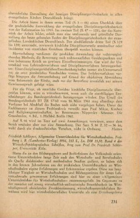 231-233 [Rezension] Schlieper, Friedrich, Allgemeine Unterrichtslehre für Wirtschaftsschulen